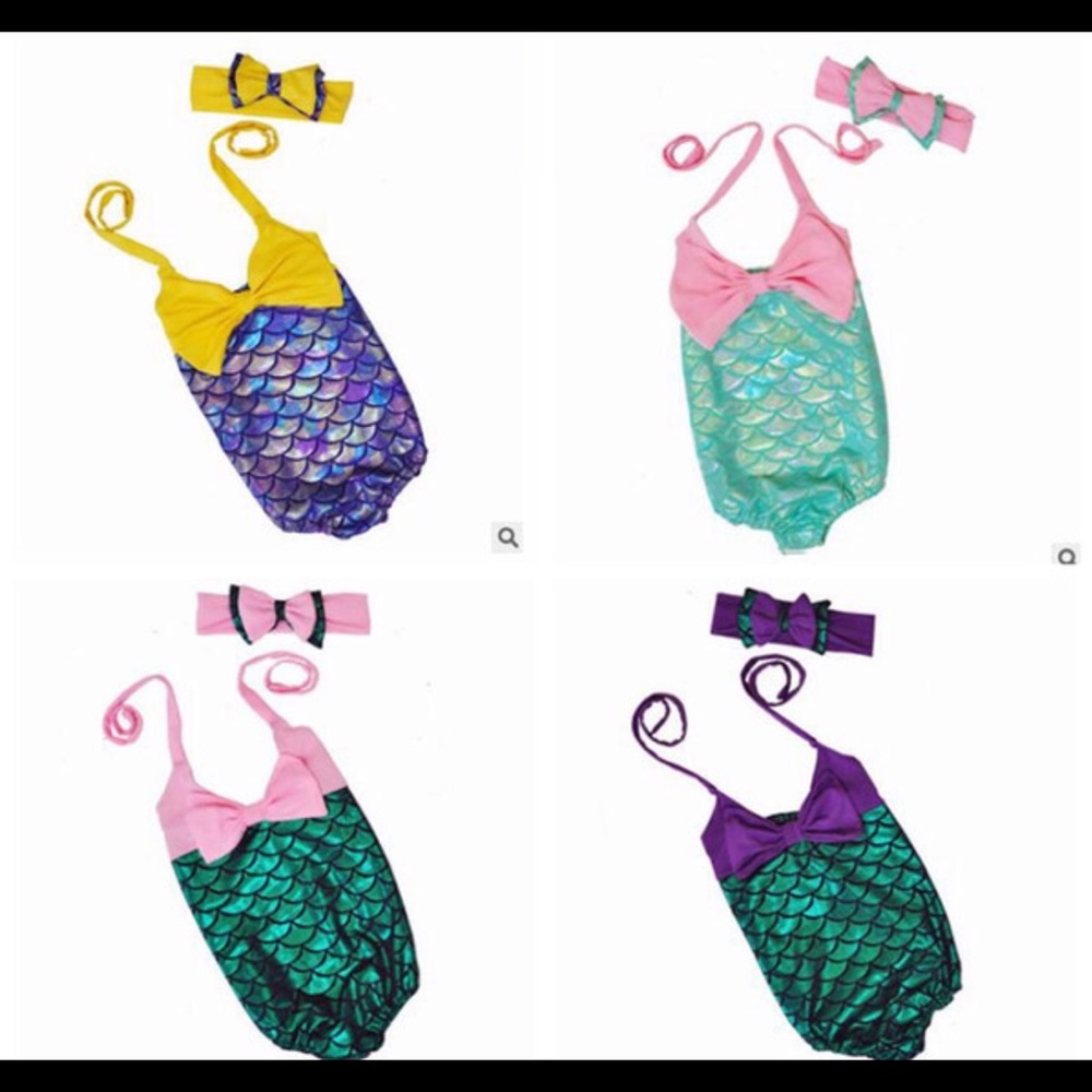 Mermaid kids/ babies swim suits with head band.